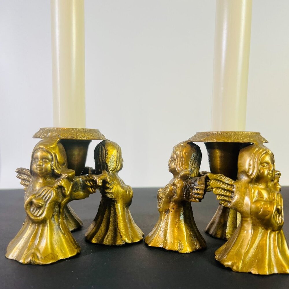 Set Of 2 Vintage Brass Trio Angel Tapered‎ Candle Holders 3" MCM 652G HomeCore